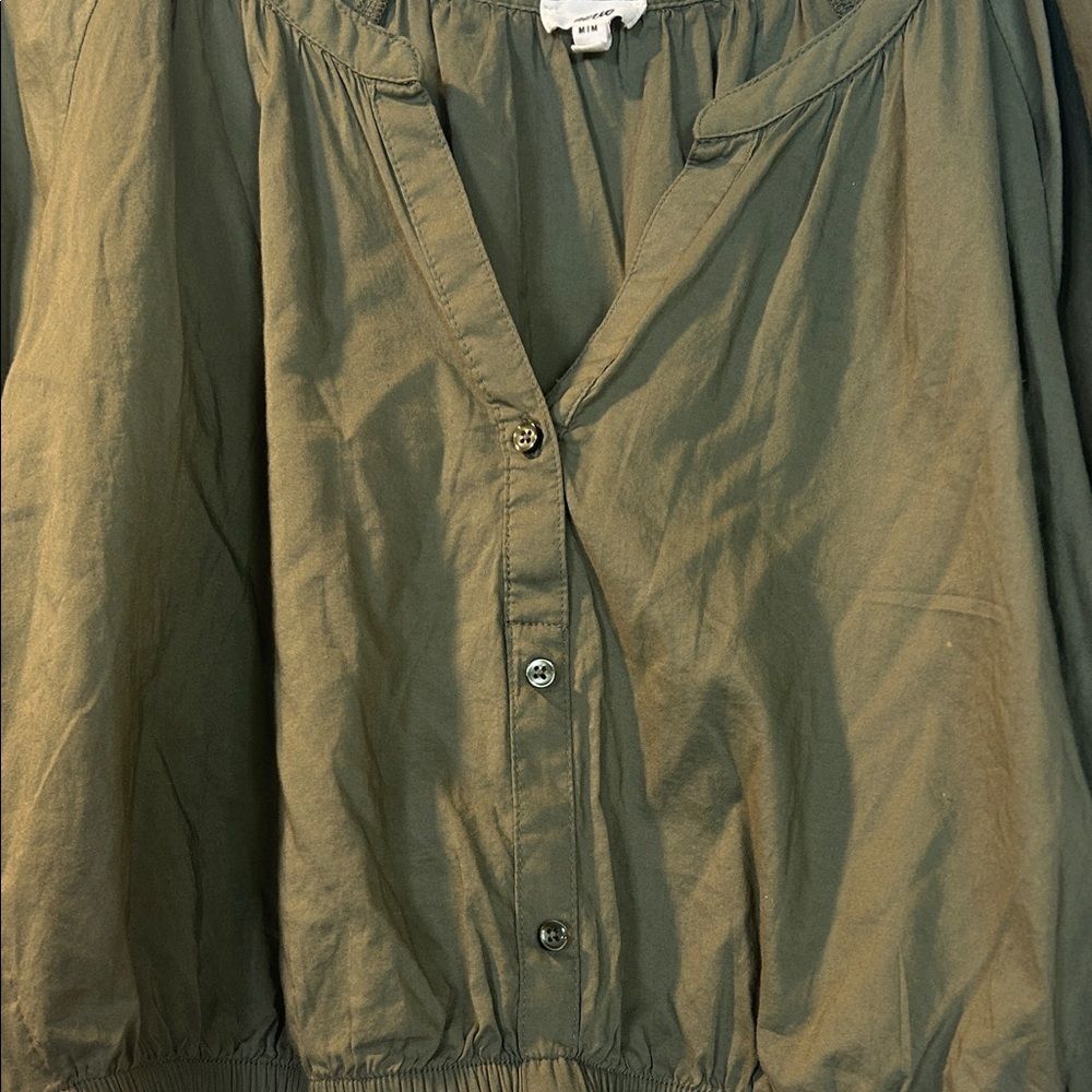 Aerie Olive Green Puff Sleeve Button-Front Crop Top Medium Cotton Viscose Blend - Picture 3 of 4